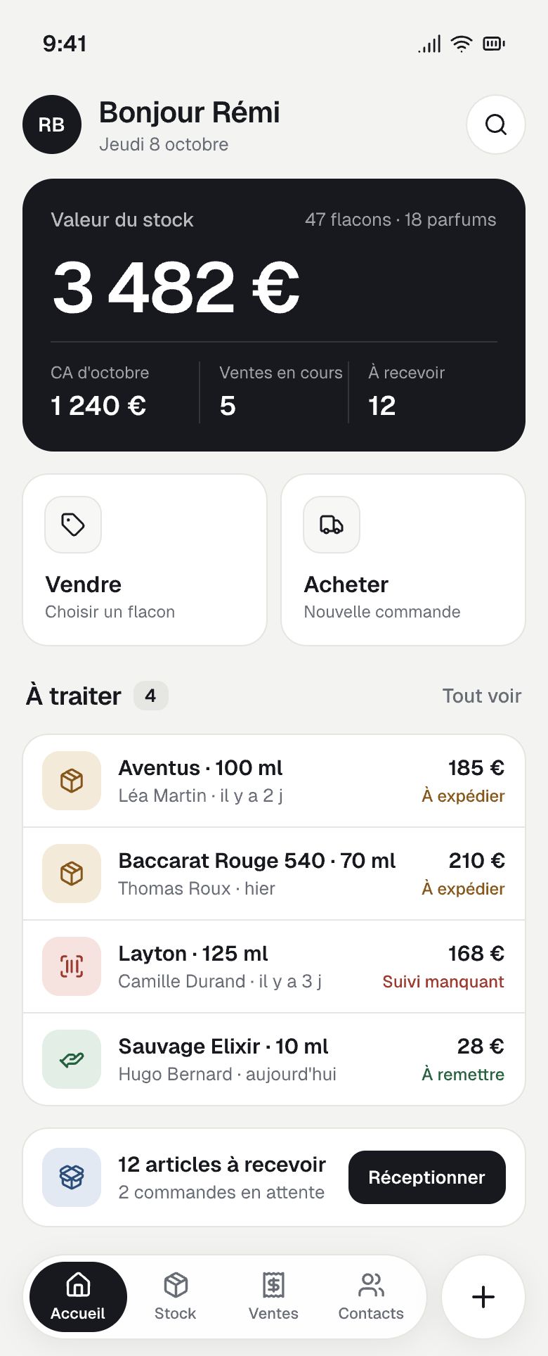 Écran d’accueil d’Olfisto : valeur du stock, chiffre d’affaires du mois et ventes à traiter.