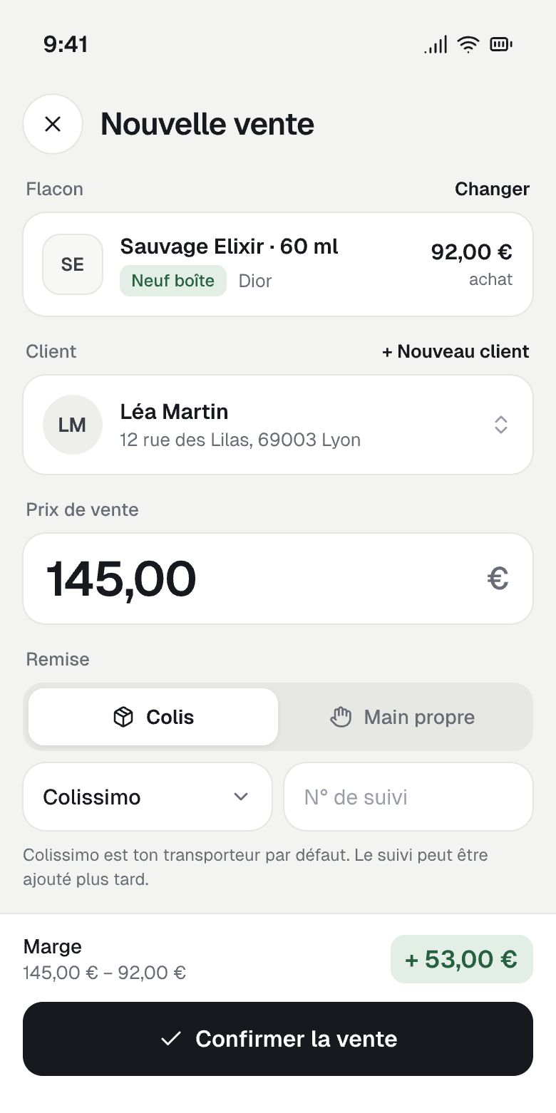 Écran Nouvelle vente d’Olfisto : flacon, client, prix de vente, remise en colis et marge calculée.